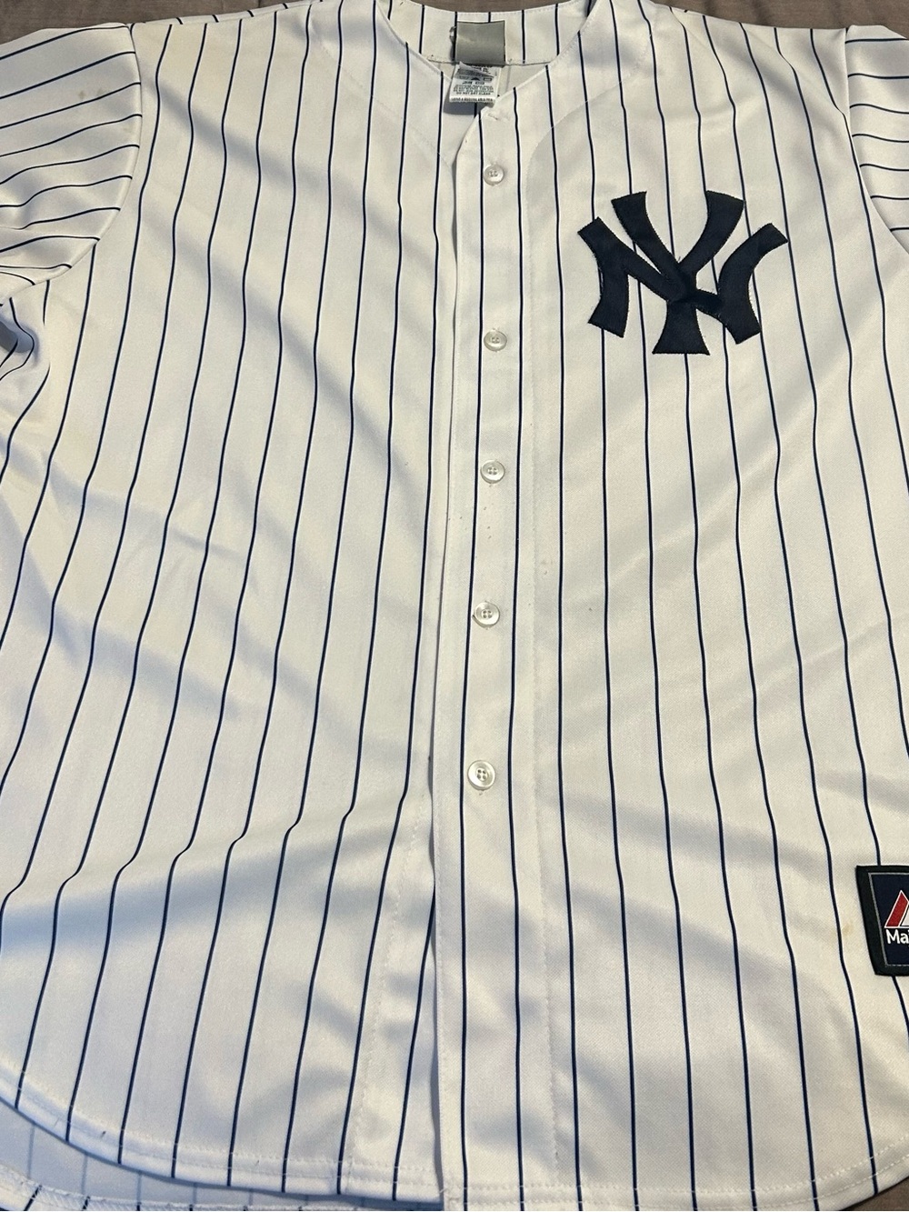 Majestic White Pinstripe New York Yankees Jersey with Navy Logo